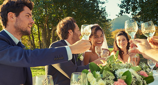 Wedding party sitting at table toasting glasses and laughing