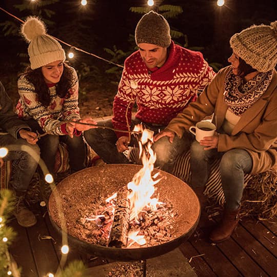 four college age adults sitting around a fire roasting marshmallows in winter weather cwi