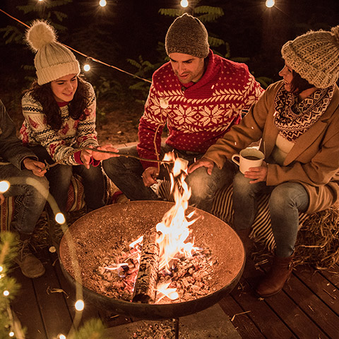 Four adults sitting around a fire roasting marshmallows in winter weather
