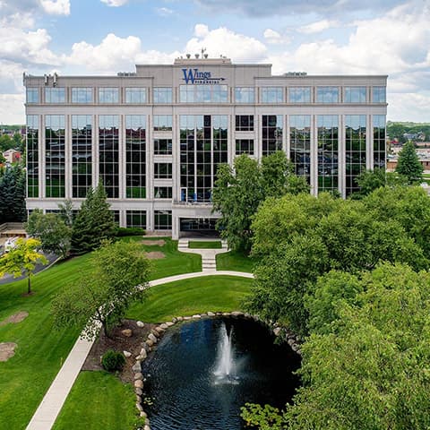 Overhead drone view of Wings Financial headquarters building